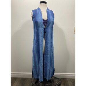 Linen Sleeveless Duster Tie Front Long Vest Blue Denim Look‎ Boho Cover Up